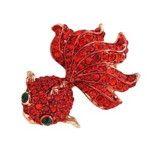 Red Crystal Goldfish Brooch Gold Tone